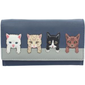 Mala Leather Wallet with Cats on Wall Detailing and RFID Protection Navy
